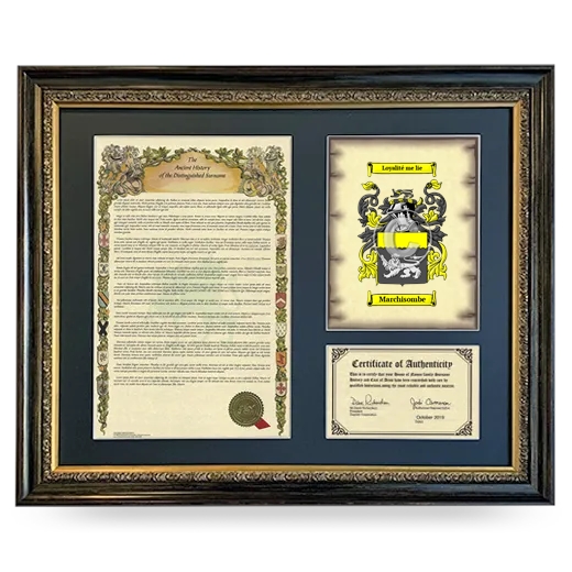 Marchisombe Framed Surname History and Coat of Arms- Heirloom