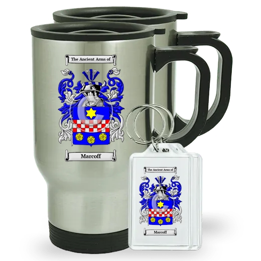 Marcoff Pair of Travel Mugs and pair of Keychains