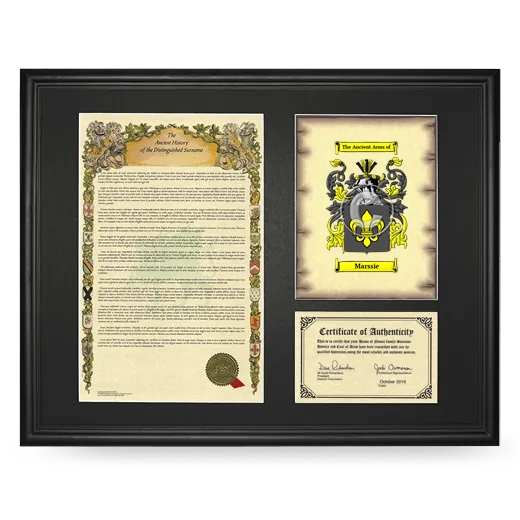 Marssie Framed Surname History and Coat of Arms - Black