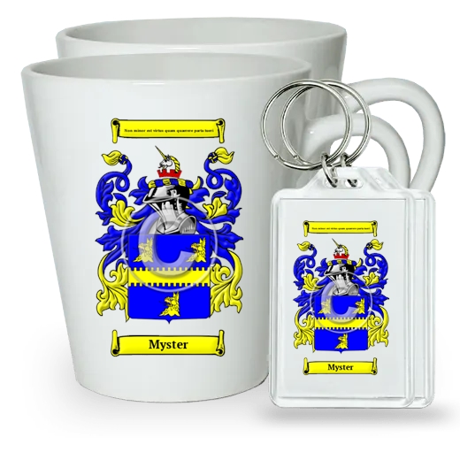 Myster Pair of Latte Mugs and Pair of Keychains