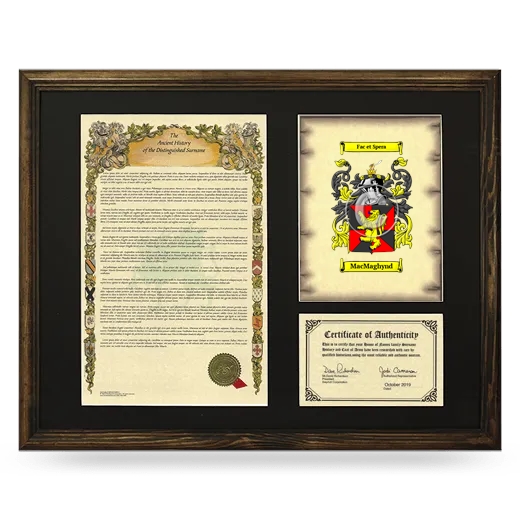 MacMaghynd Framed Surname History and Coat of Arms - Brown