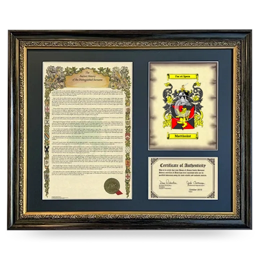 Mattissint Framed Surname History and Coat of Arms- Heirloom