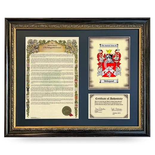 Mehegand Framed Surname History and Coat of Arms- Heirloom