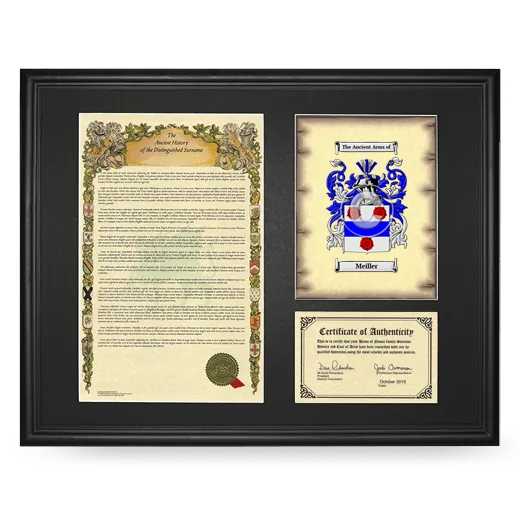 Meiller Framed Surname History and Coat of Arms - Black