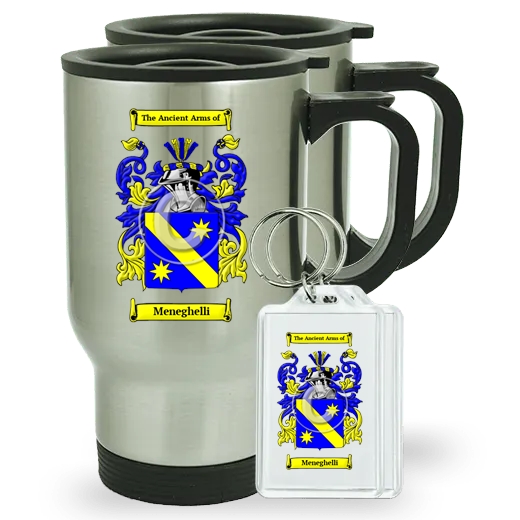 Meneghelli Pair of Travel Mugs and pair of Keychains