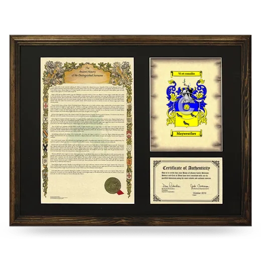 Mayweather Framed Surname History and Coat of Arms - Brown