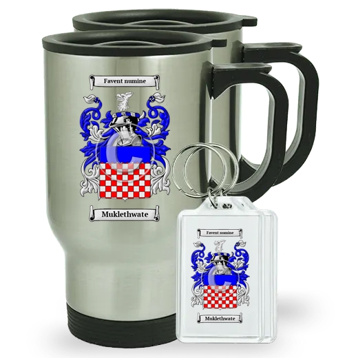 Muklethwate Pair of Travel Mugs and pair of Keychains