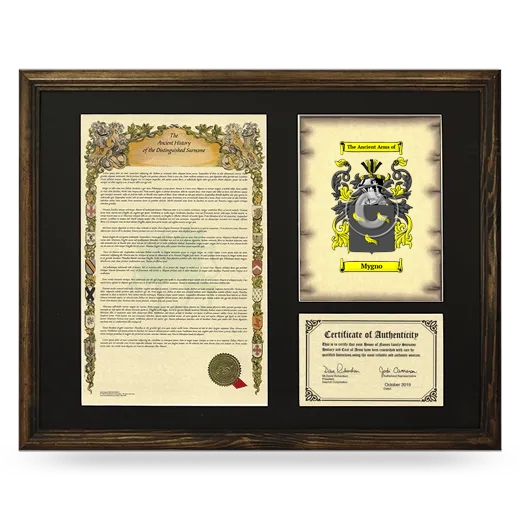 Mygno Framed Surname History and Coat of Arms - Brown