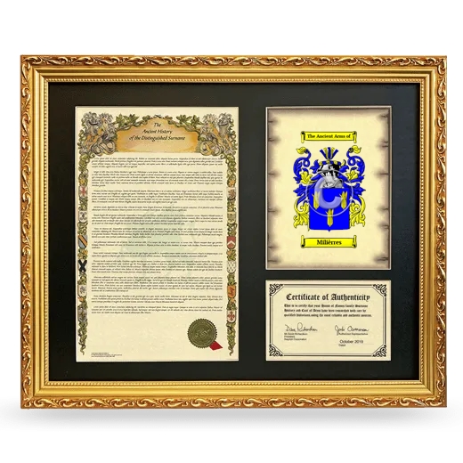 Milièrres Framed Surname History and Coat of Arms- Gold