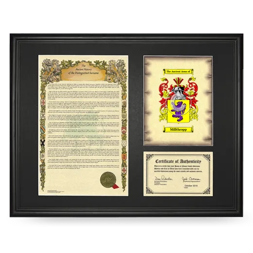 Millthropp Framed Surname History and Coat of Arms - Black