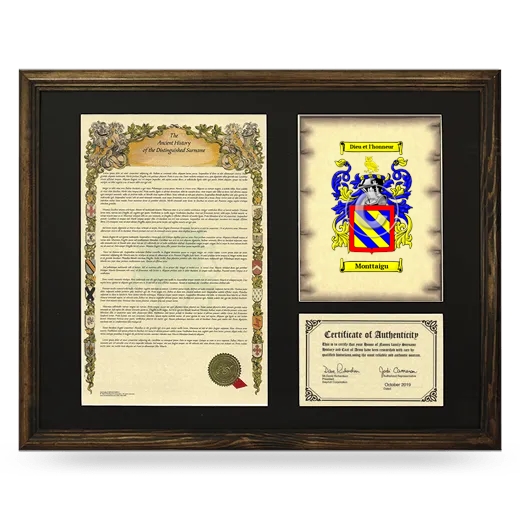 Monttaigu Framed Surname History and Coat of Arms - Brown