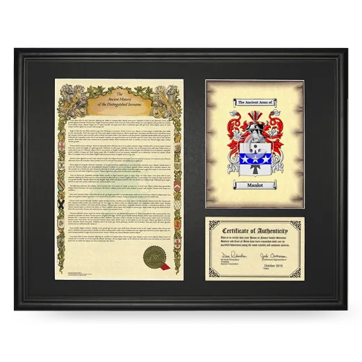 Manlot Framed Surname History and Coat of Arms - Black