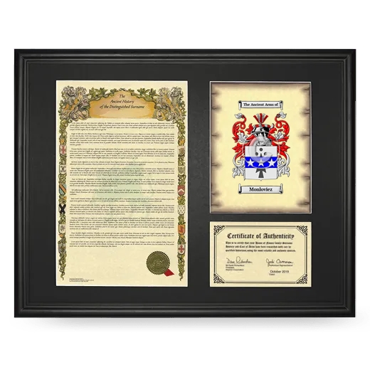 Monloviez Framed Surname History and Coat of Arms - Black