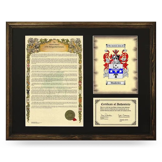 Monloviez Framed Surname History and Coat of Arms - Brown