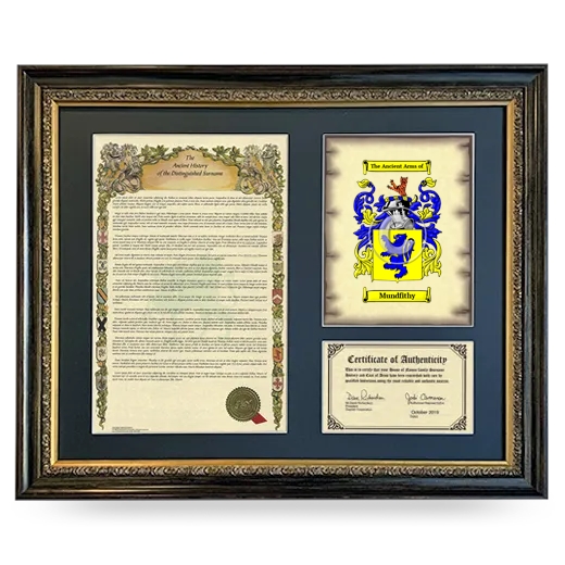 Mundfithy Framed Surname History and Coat of Arms- Heirloom