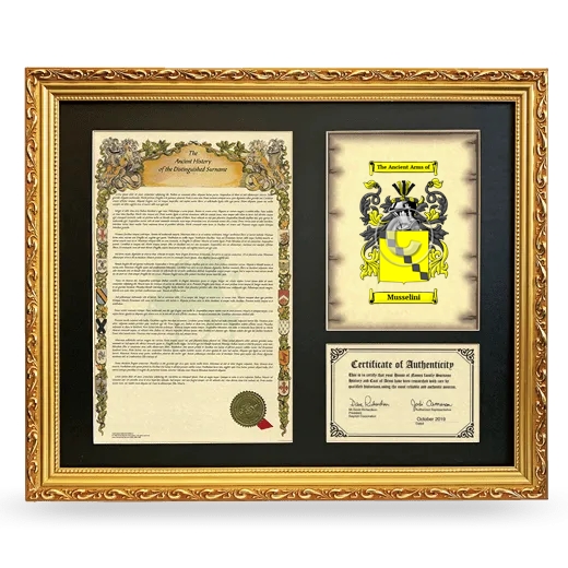 Musselini Framed Surname History and Coat of Arms- Gold