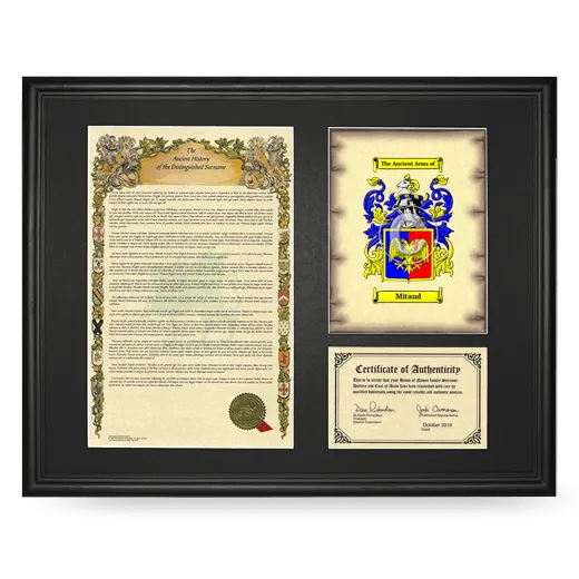 Mitand Framed Surname History and Coat of Arms - Black