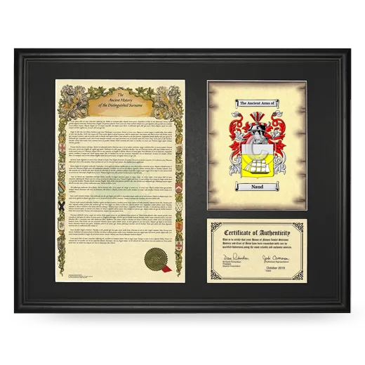 Naud Framed Surname History and Coat of Arms - Black