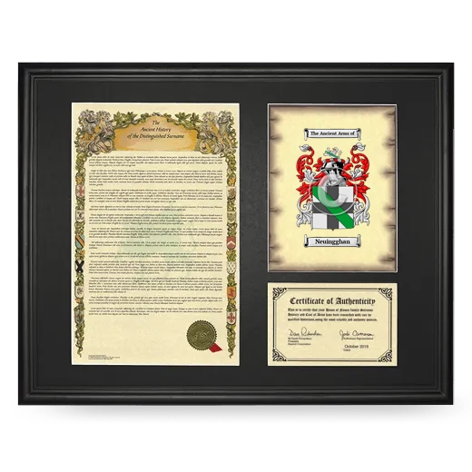 Neuingghan Framed Surname History and Coat of Arms - Black