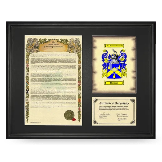 Hockerd Framed Surname History and Coat of Arms - Black