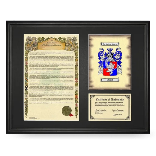 Otomb Framed Surname History and Coat of Arms - Black
