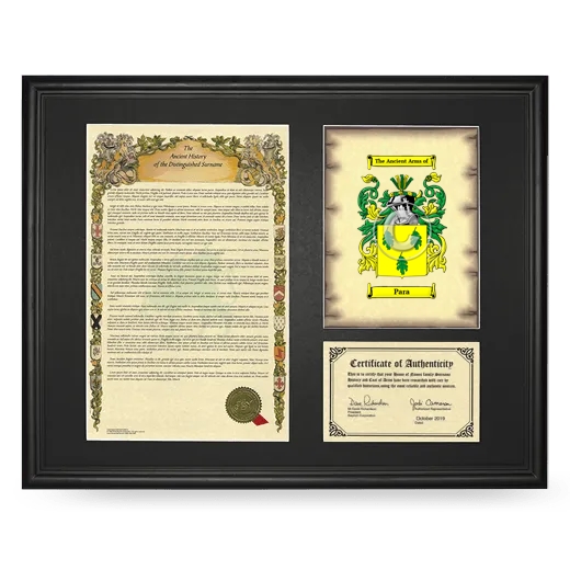 Para Framed Surname History and Coat of Arms - Black
