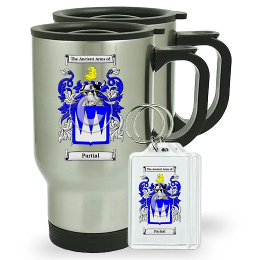 Partial Pair of Travel Mugs and pair of Keychains