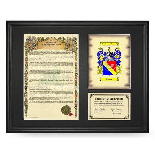 Peters Framed Surname History and Coat of Arms - Black