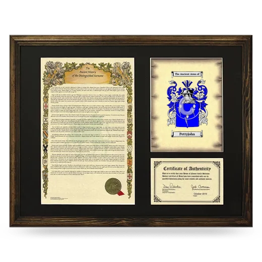 Pettyjohn Framed Surname History and Coat of Arms - Brown