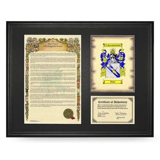 Petti Framed Surname History and Coat of Arms - Black