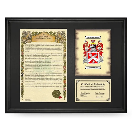 Phillippson Framed Surname History and Coat of Arms - Black