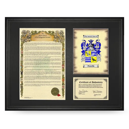 Picarella Framed Surname History and Coat of Arms - Black