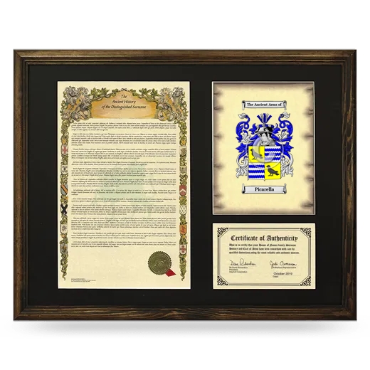 Picarella Framed Surname History and Coat of Arms - Brown