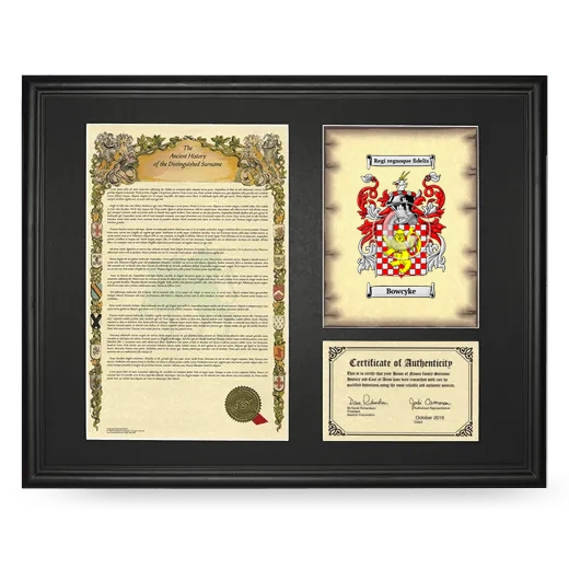 Bowcyke Framed Surname History and Coat of Arms - Black