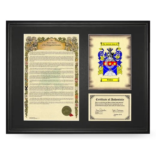 Potiez Framed Surname History and Coat of Arms - Black