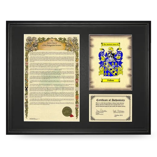 Pollom Framed Surname History and Coat of Arms - Black