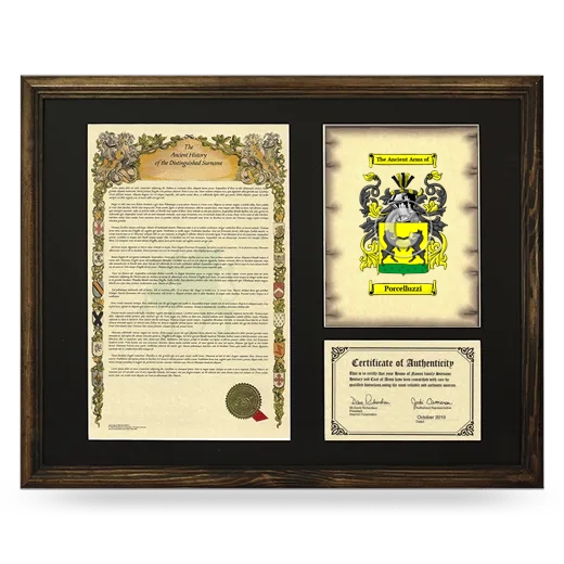 Porcelluzzi Framed Surname History and Coat of Arms - Brown