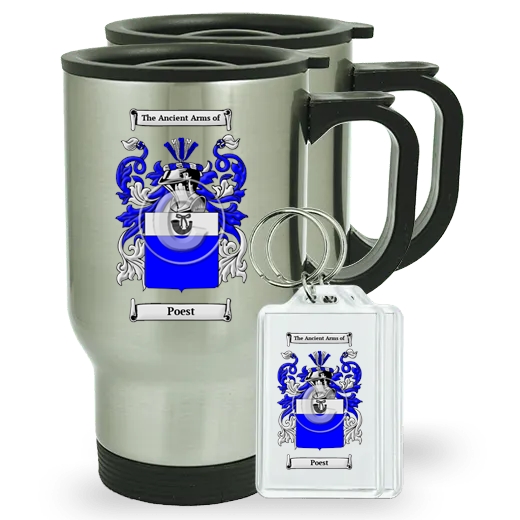 Poest Pair of Travel Mugs and pair of Keychains