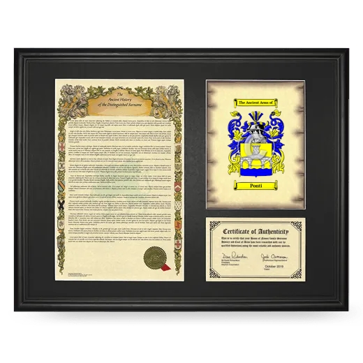 Ponti Framed Surname History and Coat of Arms - Black