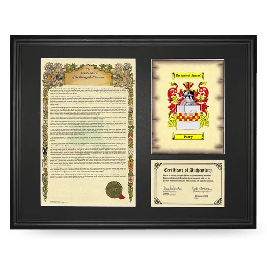 Party Framed Surname History and Coat of Arms - Black