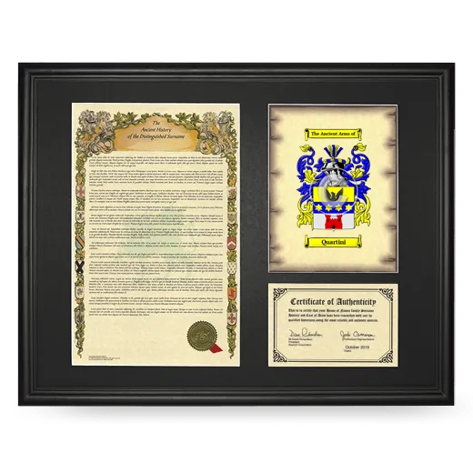 Quartini Framed Surname History and Coat of Arms - Black