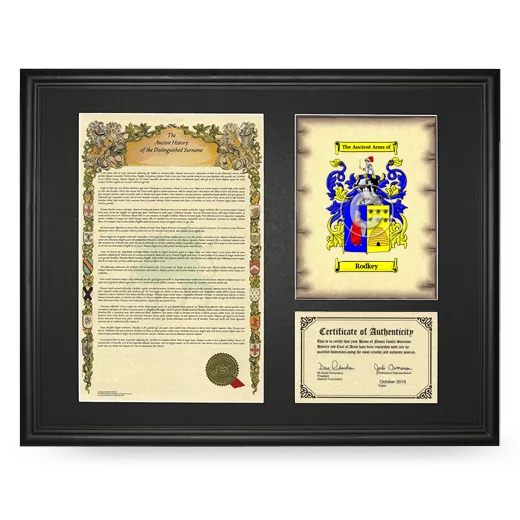 Rodkey Framed Surname History and Coat of Arms - Black