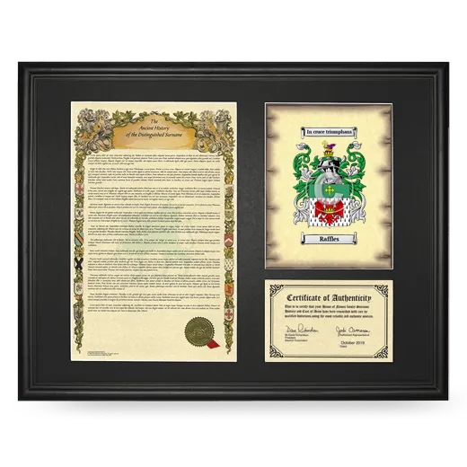 Raffles Framed Surname History and Coat of Arms - Black