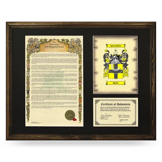 Ratte Framed Surname History and Coat of Arms - Brown