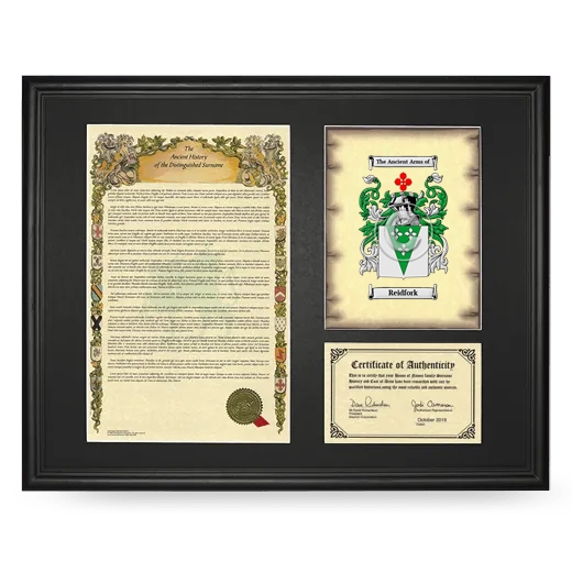 Reidfork Framed Surname History and Coat of Arms - Black