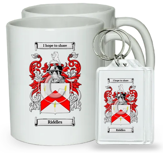 Riddles Pair of Coffee Mugs and Pair of Keychains