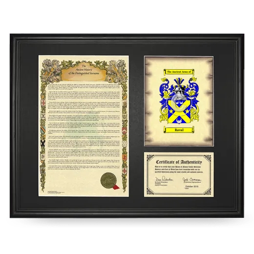 Raval Framed Surname History and Coat of Arms - Black
