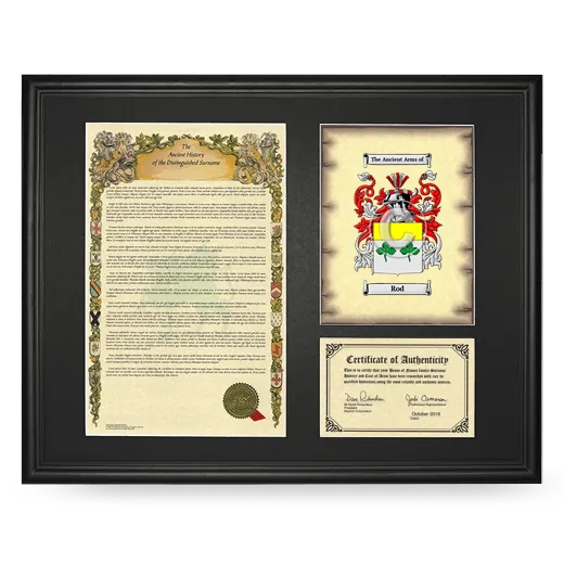 Rod Framed Surname History and Coat of Arms - Black