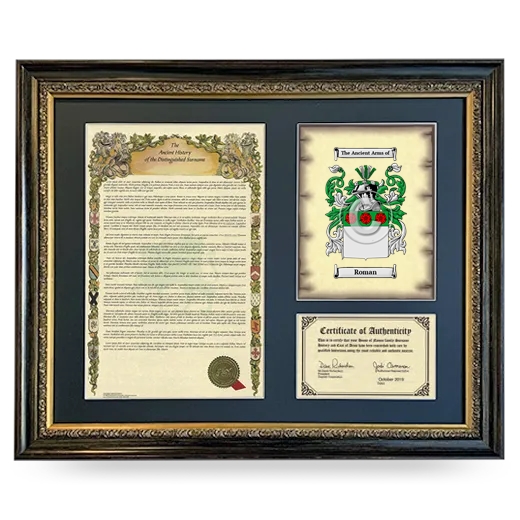 Roman Framed Surname History and Coat of Arms- Heirloom