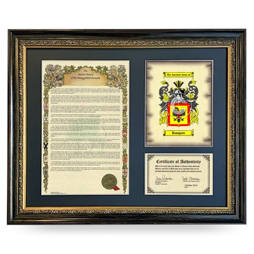 Ronquer Framed Surname History and Coat of Arms- Heirloom